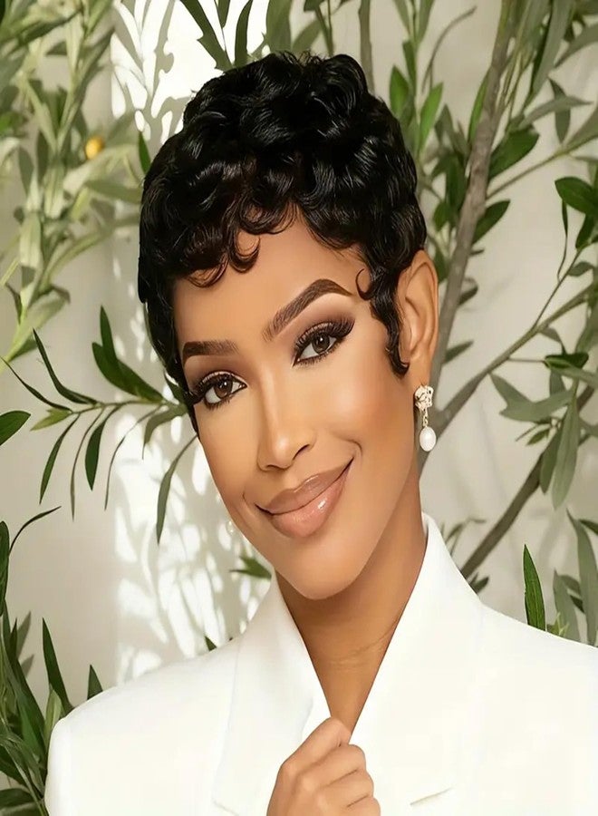 SAEIALL Short Pixie Cut Wig Human Hair 1B Black Curly Wave Human Hair Wig Layered Natural Looking Short Style for Black Women None Lace Front Throw On and Go Wigs - Image 4